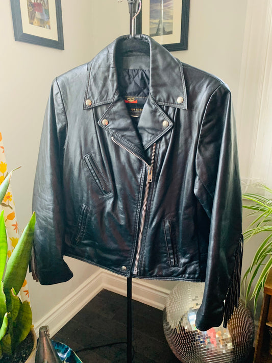 Small-Medium | Black Leather Moto Jacket with Fringe