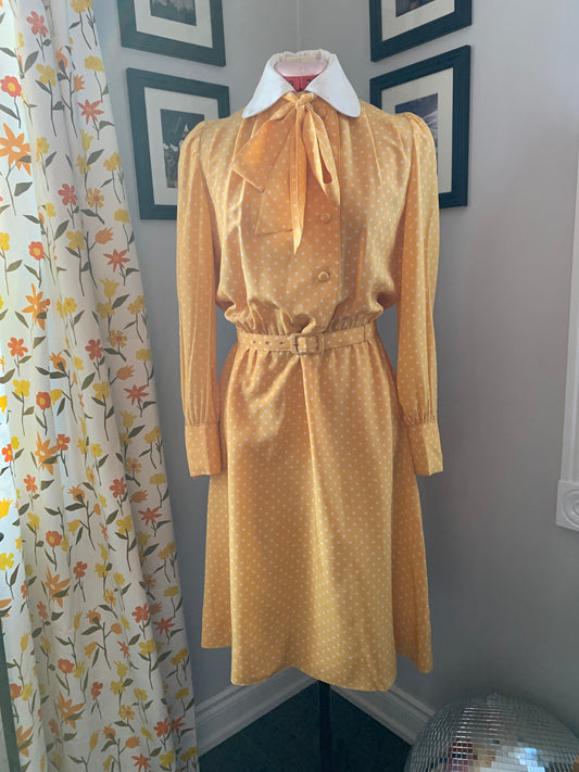 XS- Small | Yellow Polka dot pussy bow dress